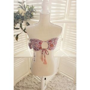 MINK PINK CHLOE BANDEAU BIKINI SWIMSUIT TOP MULTI FLORAL TIE STRAPLESS SMALL